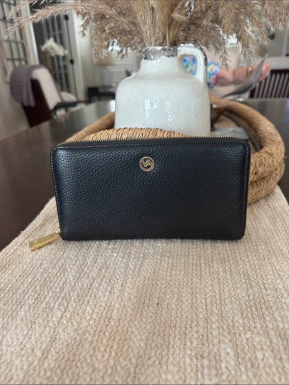 Valentina Black Pebbled Zip Wallet with Gold Logo
